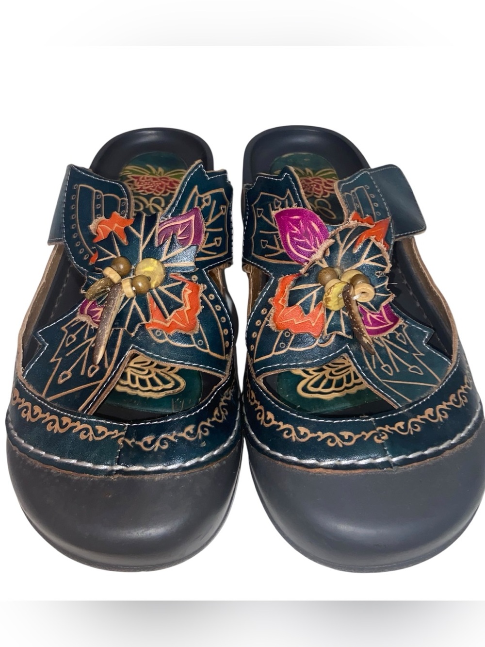 Elite by Corkys Clogs Womens Size 10 Colorful Fern Leather Mules Slip On Boho